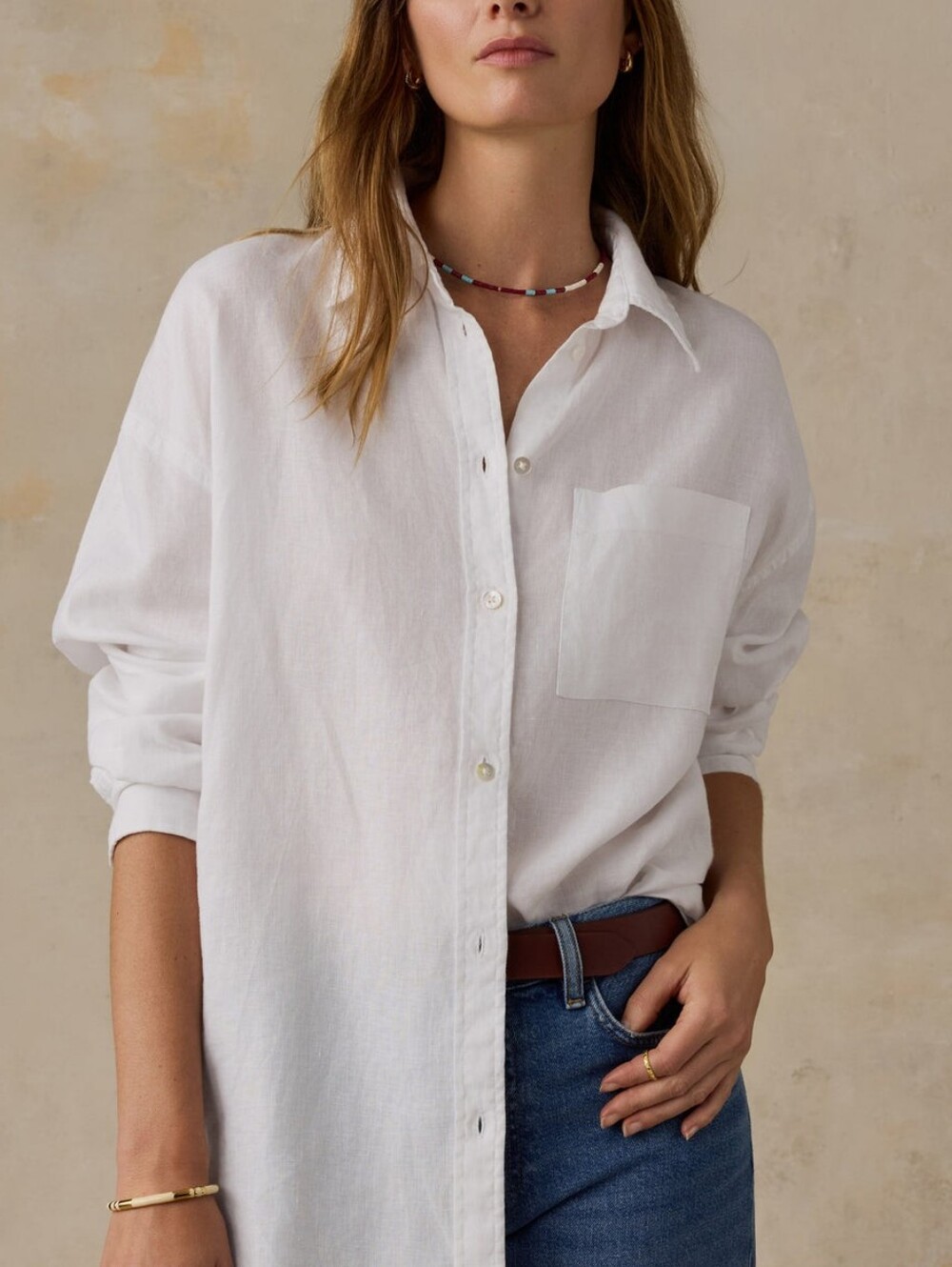 Faherty 100% Linen White Long-Sleeve Button-Up Shirt Size Large